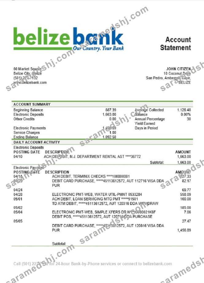 Belize Belizebank bank statement